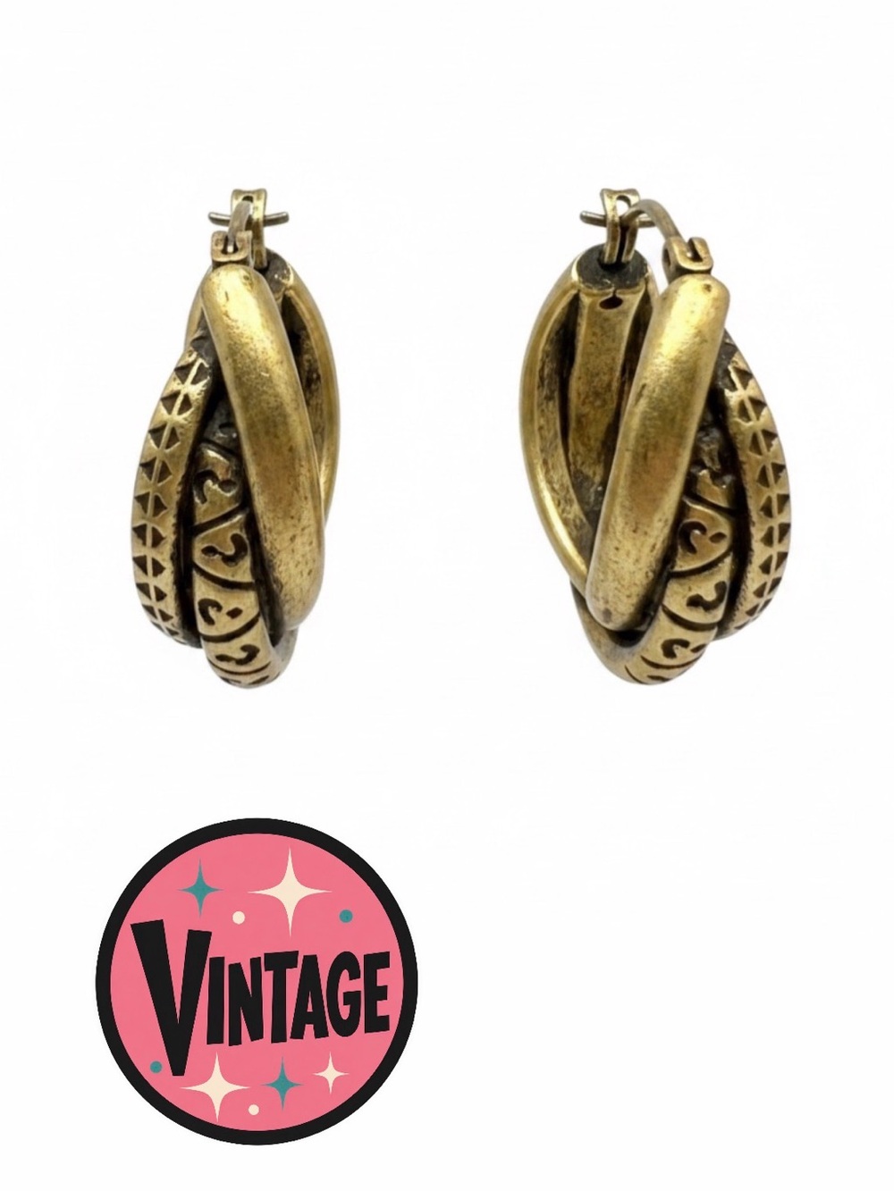 Vintage Lia Sophia Retired Intertwined Triple Hoop Earrings Antique Gold Brass